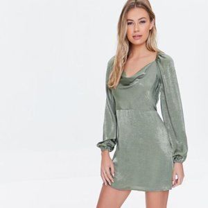 NWT Forever 21 Sage Green Satin Cowl Neck Long Sleeve Mini Dress Size L